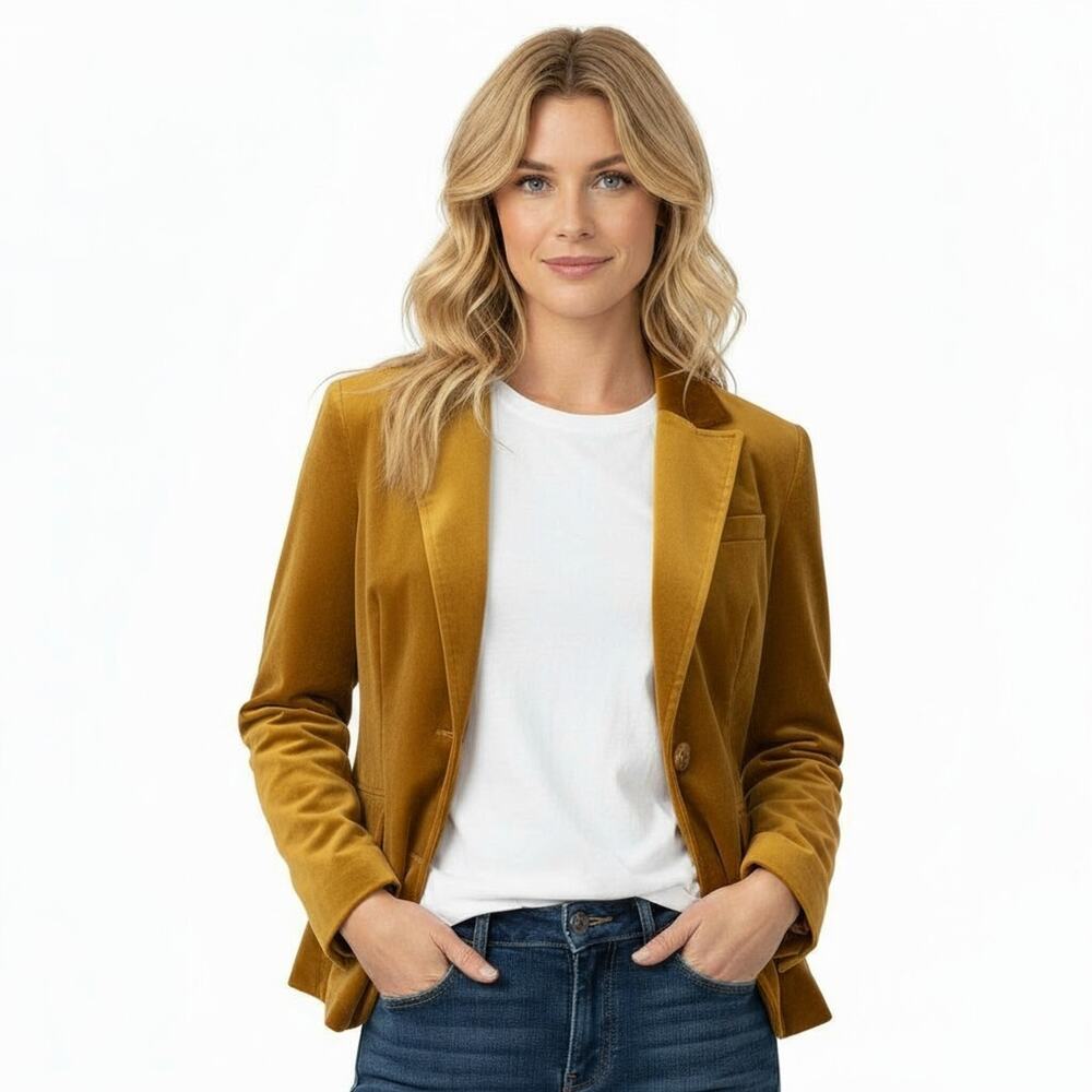 Vtg Womens Velvet Blazer Jacket Ochre Button Up Paisley Lined Y2K Lg Old Navy